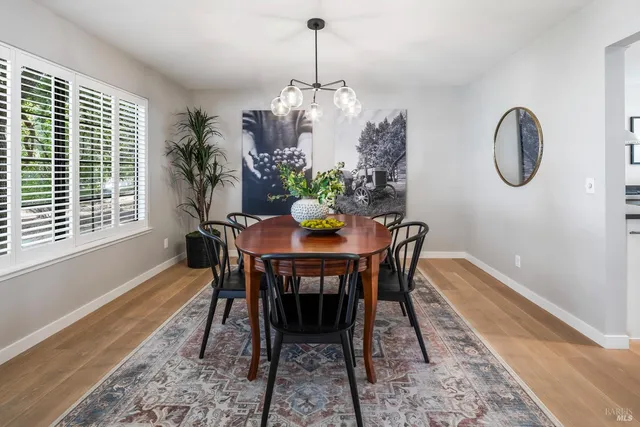 a dining room with furniture potted plants and wooden floor