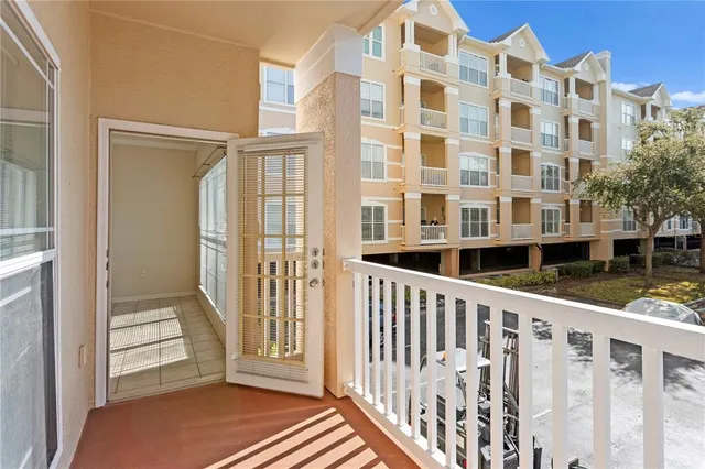 a view of a building from a porch