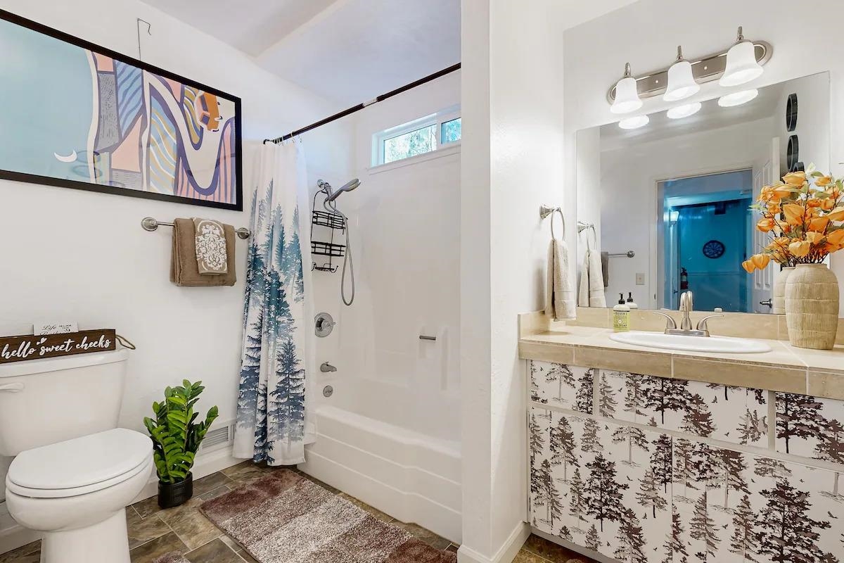 19385 Ferretti Road Groveland, CA 95321 - Photo 18 of 47 Bathroom featuring shower / bath combo, vanity, and stone finish floors
