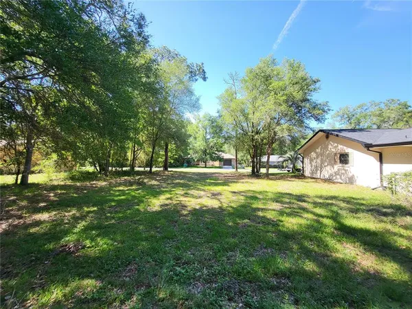 a view of yard with green space and trees