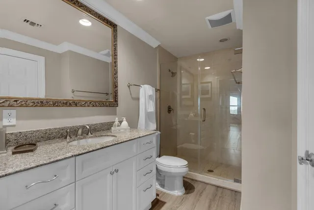 a bathroom with a granite countertop sink a mirror and a toilet