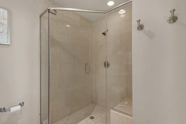 a bathroom with a shower and a toilet