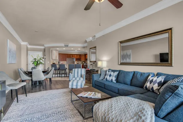 a living room with furniture potted plant and a ceiling fan