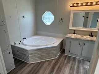 a bathroom with a sink and a mirror