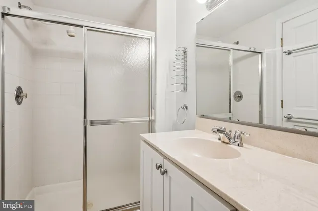 a bathroom with a shower sink and mirror