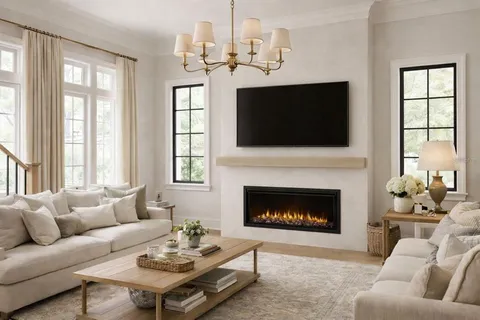 a living room with furniture a flat screen tv and a fireplace