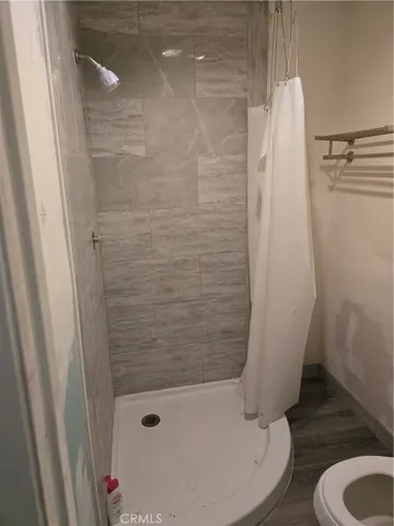 a bathroom with a shower and toilet
