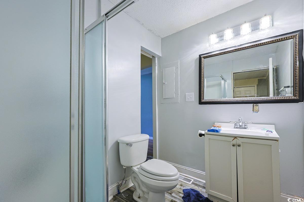 4300 Summit Trail Myrtle Beach, SC 29579 - Photo 14 of 39 Bathroom with vanity, a textured ceiling, wood finished floors, and a shower with shower door