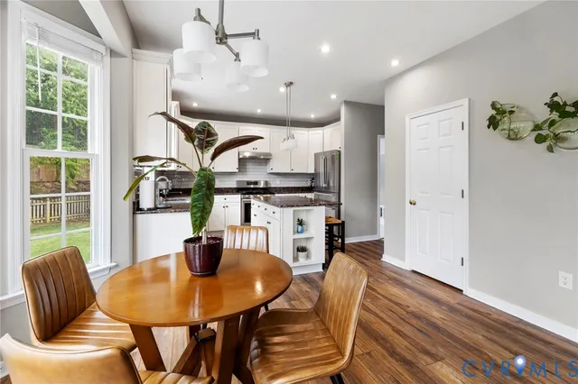a view of a dining room with furniture window and outside view