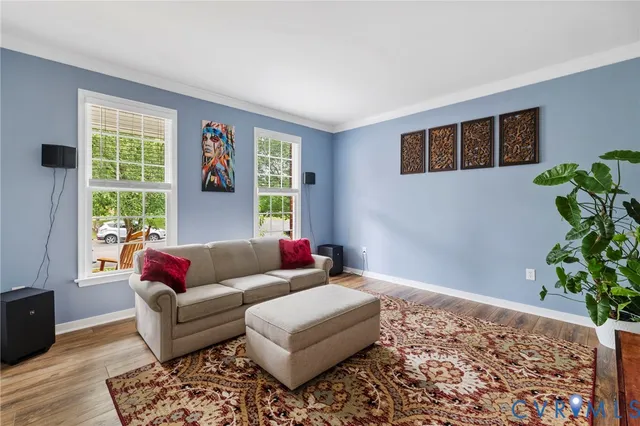a living room with furniture and a potted plant