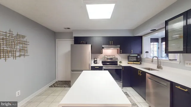 a kitchen with a refrigerator and a stove