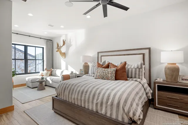 a spacious bedroom with a bed and large windows