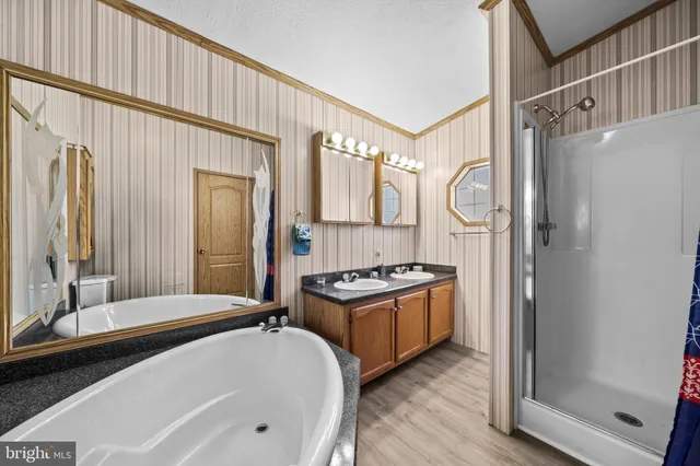 a bathroom with a tub sink shower and mirror