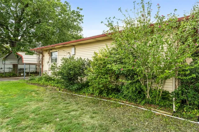 a backyard of a house with plants and large trees