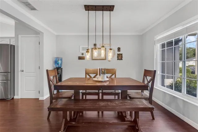 a view of a dining room with furniture window and wooden floor