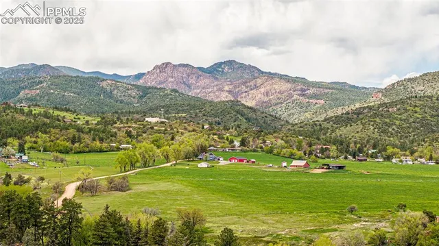 a view of a lush green hillside and mountains