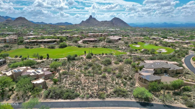 an aerial view of residential houses with outdoor space and trees