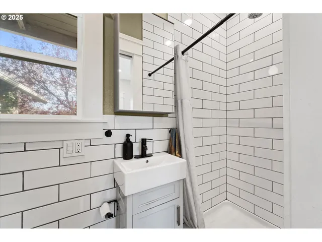 a bathroom with a sink and a shower