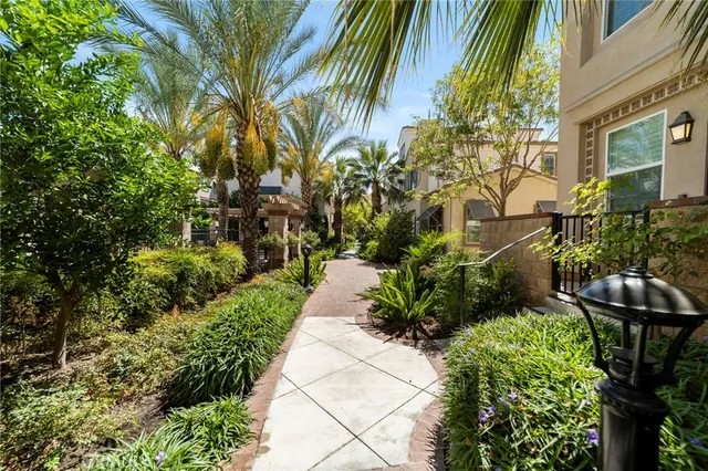 a view of a garden with plants and large trees