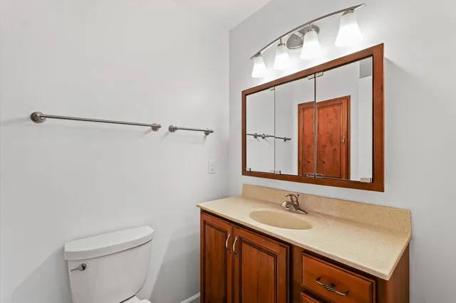 a bathroom with a sink a toilet and mirror
