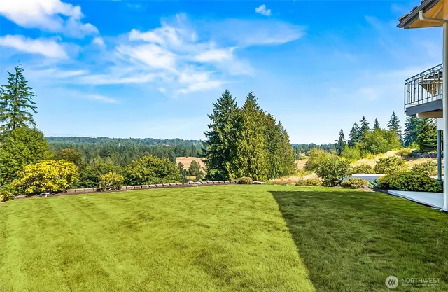 a view of a field with an trees
