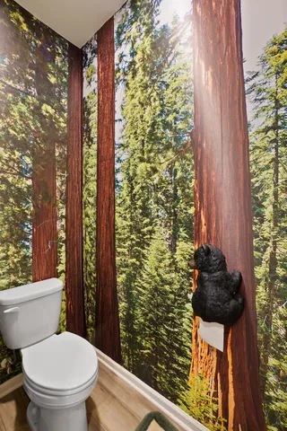 a bathroom with a toilet and a shower curtain