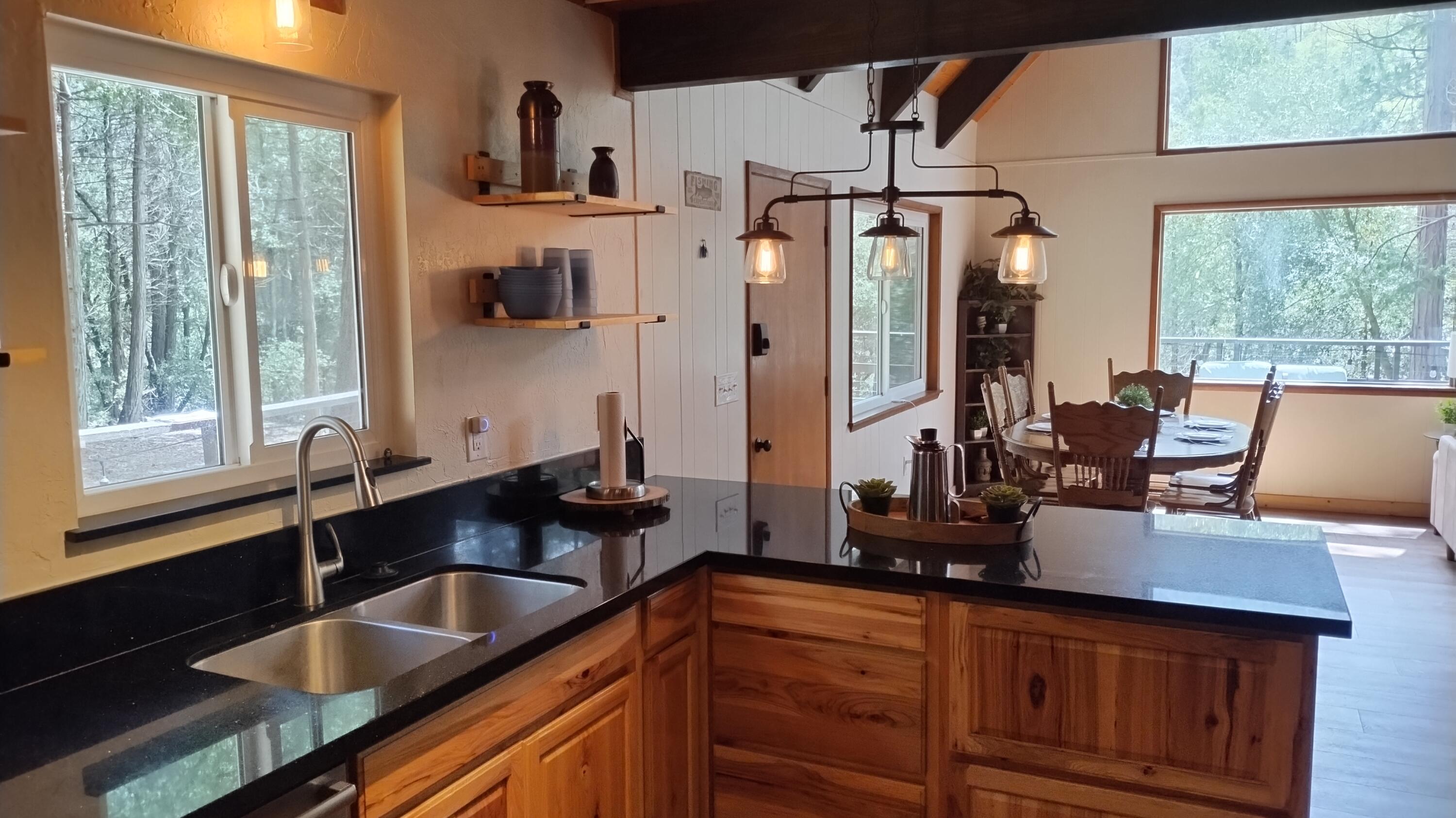 1693 Forest Rte 21S94 Camp Nelson, CA 93265 - Photo 16 of 86 a kitchen with stainless steel appliances granite countertop a sink dishwasher and a flat tv screen next to a large window with garden view