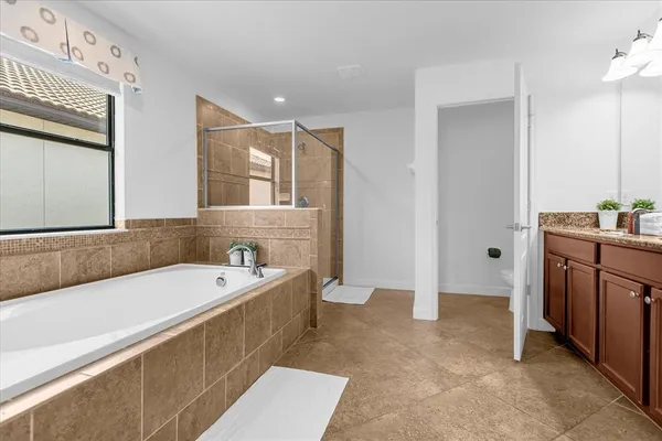 a bathroom with a tub a sink and a large mirror