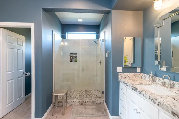 a bathroom with a granite countertop sink shower and a mirror