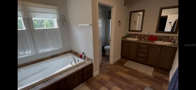 a view of bathroom with bathtub and closet