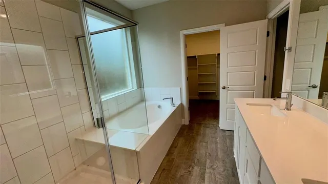 a bathroom with a double vanity sink and a bathtub