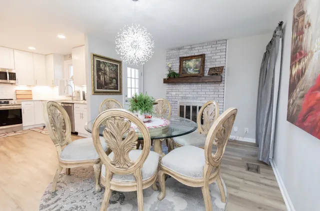 a view of a dining room with furniture