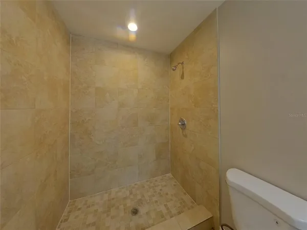 a bathroom with a shower and a toilet