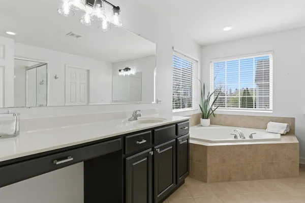 a bathroom with a tub sink and mirror