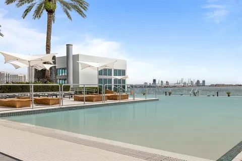 a view of a lake with a terrace