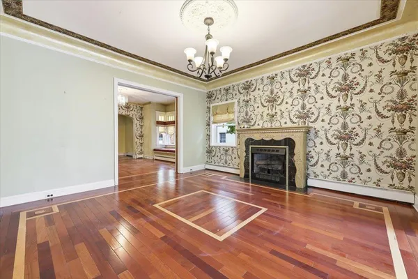 a living room with a fireplace