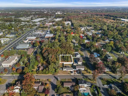 an aerial view of town with residential houses with outdoor space and trees