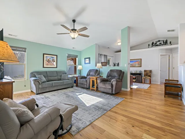 a living room with furniture ceiling fan and a rug