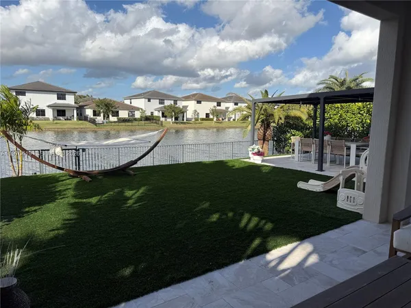 a view of a swimming pool with a garden