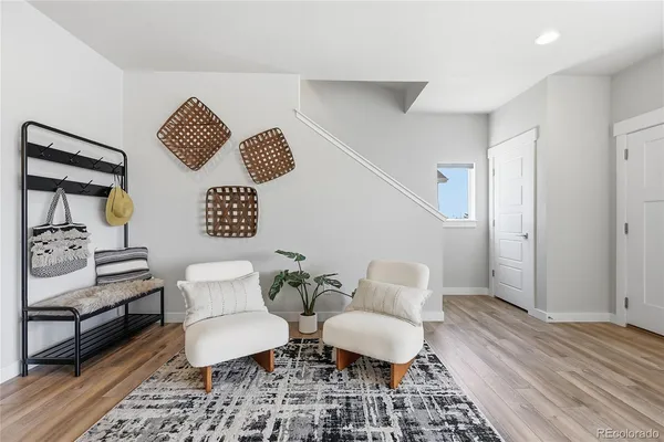 a living room with furniture and a rug