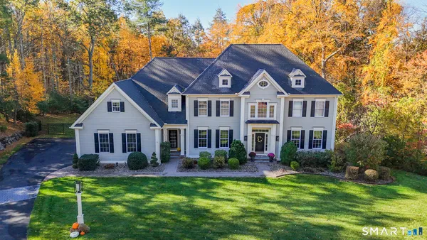 a front view of a house with yard and green space