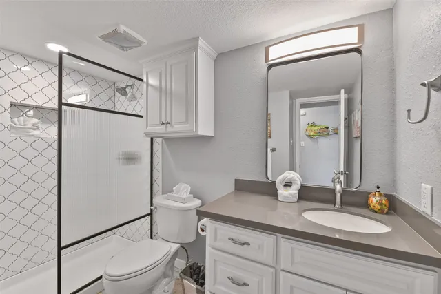 a bathroom with a sink a toilet and mirror