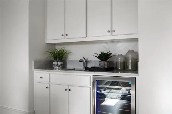 a kitchen with a potted plant on the counter and cabinets