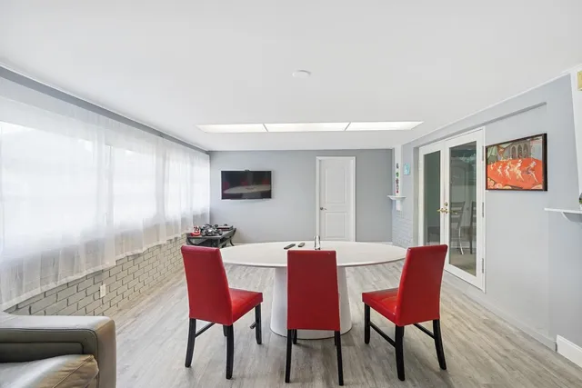a view of a dining room with furniture