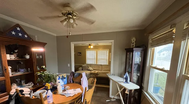 a view of a dining room with furniture window and outside view