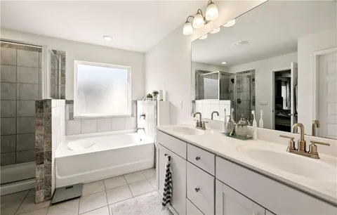 a bathroom with a double vanity sink a mirror and a bathtub