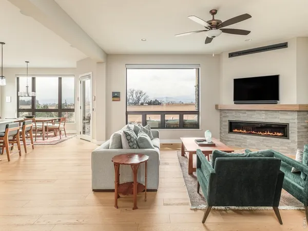 a living room with fireplace furniture and a flat screen tv