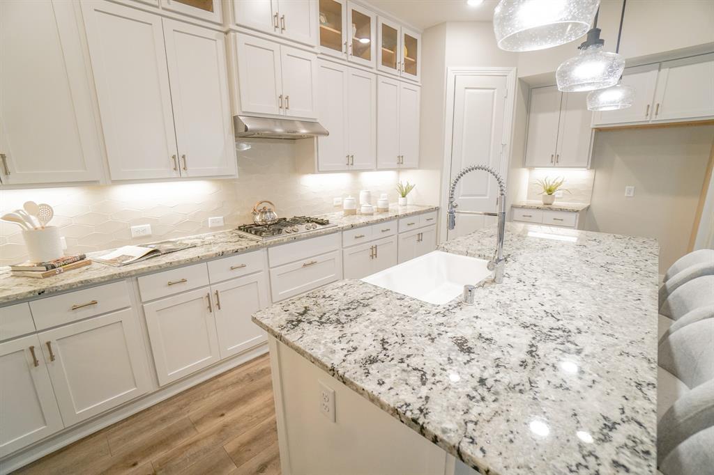 1309 Old Rocksprings Pass Mansfield, TX 76063 - Photo 8 of 36 Gourmet kitchen featuring a large island with an undermount sink, crisp white cabinetry, stainless steel appliances, a tile backsplash, and light wood-finish flooring