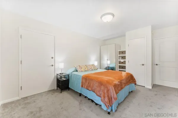 a bedroom with a bed and a closet