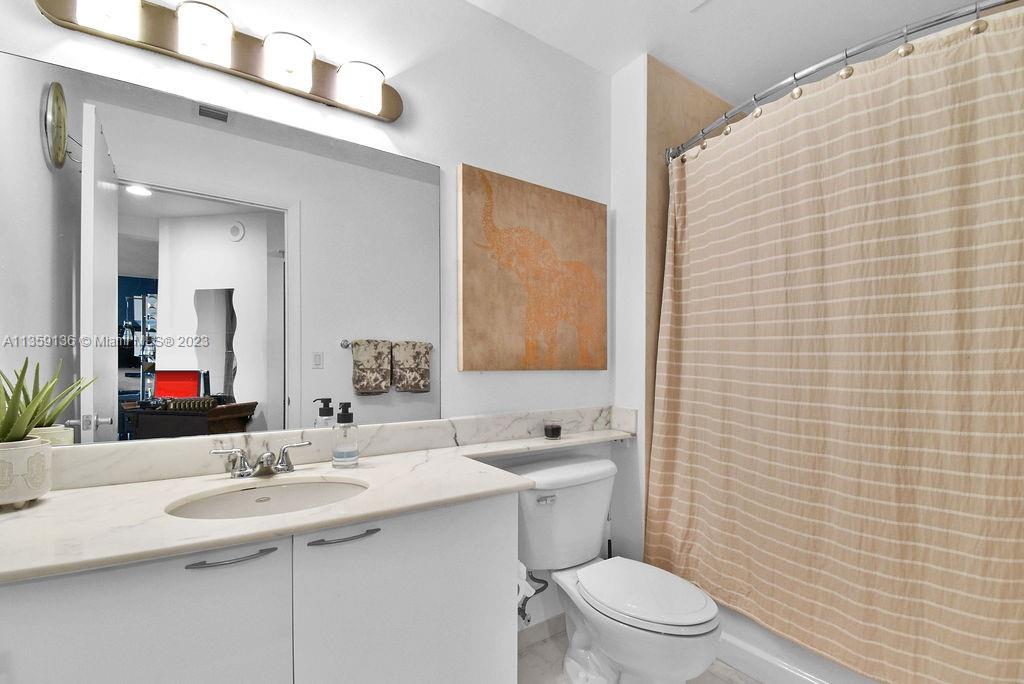 234 Northeast 3rd Street, Unit 507 Miami, FL 33132 - Photo 24 of 48 a bathroom with a sink a toilet a mirror and shower curtain